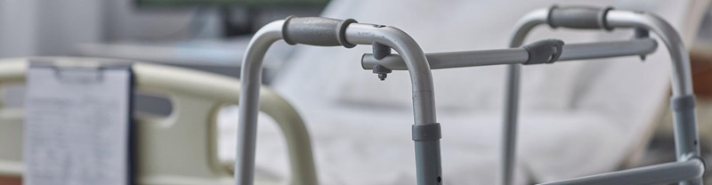 Close up of walker for patient during his rehabilitation standing in hospital ward